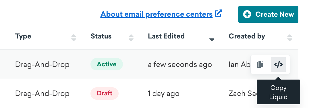 The Copy Liquid option in the row of a preference center.