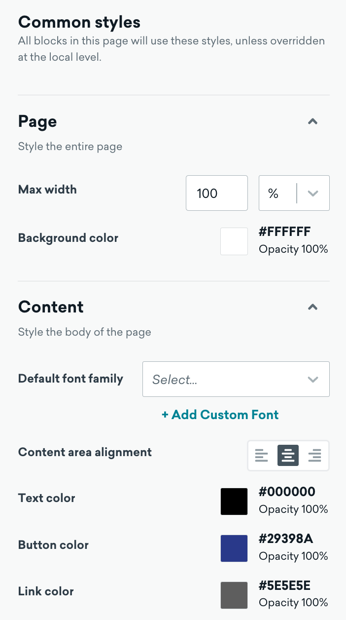 An example of common style settings for text, buttons, and links.