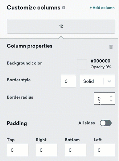 Options to customize your column properties, including background color, border style, border radius, and padding.