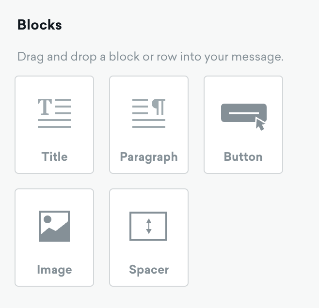 Option to select blocks, including title, paragraph, button, image, and spacer.