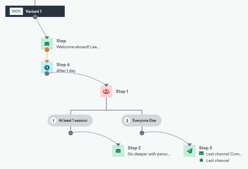 An example of a Canvas with a Message step, Delay step, Audience Paths step, and two Message steps.