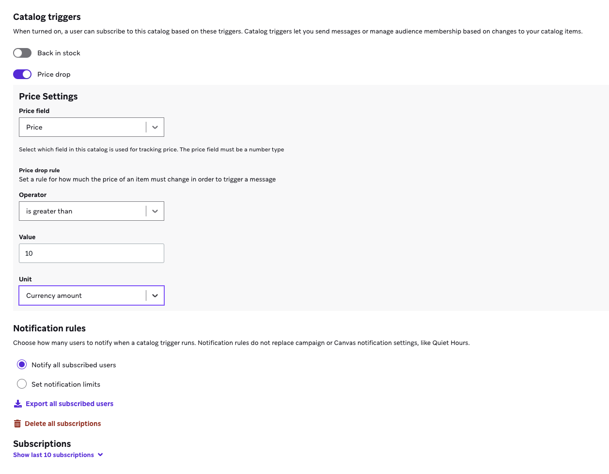 Catalog settings that show the price drop feature turned on. The price drop rule is a change of three percent to the original price.