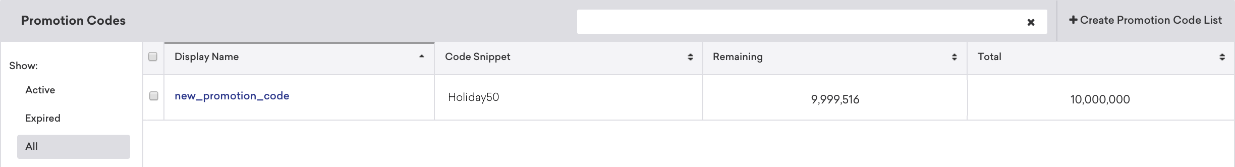 An example of a promotion code with unused codes.