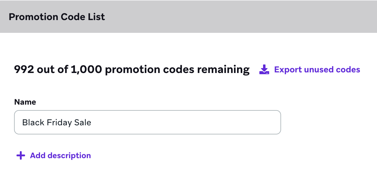A promotion code named "Black Friday Sale" with 992 remaining codes.