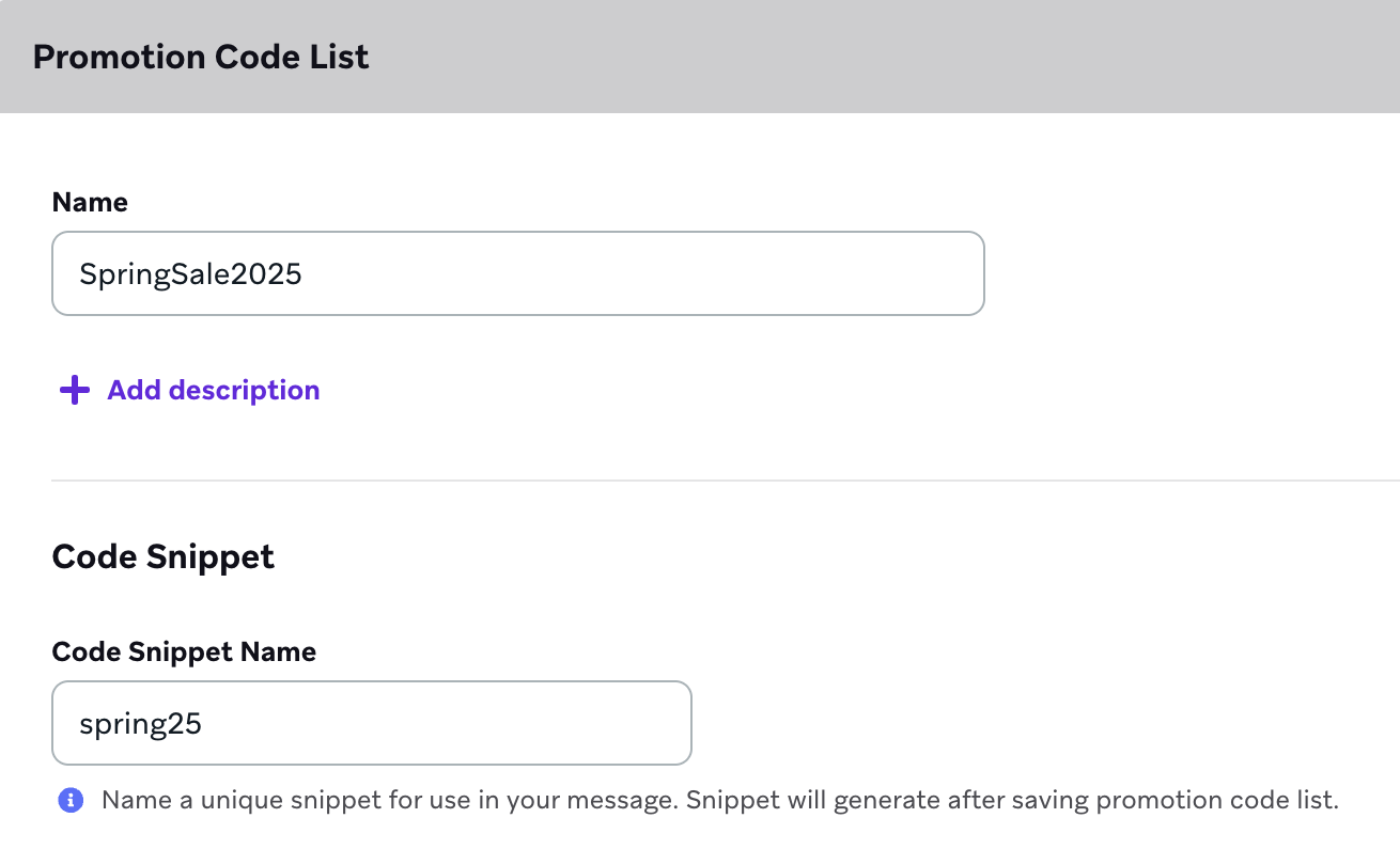 A promotion code list named "SpringSale2025" with the code snippet "spring25".