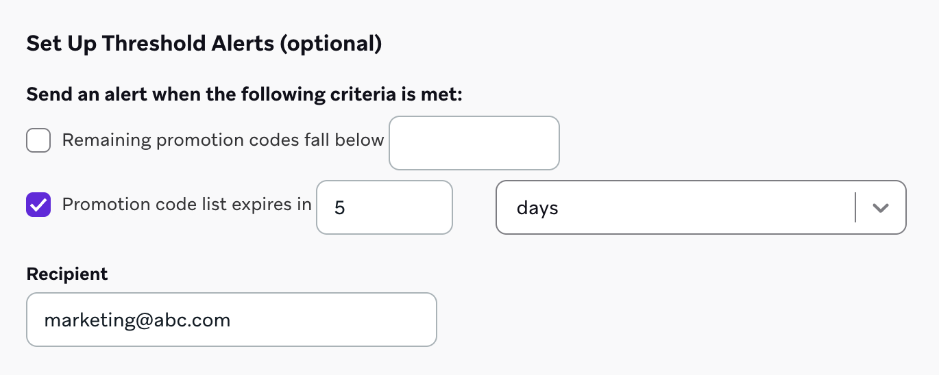 An example of a threshold alert to notify "marketing@abc.com" when the promotion code list expires in 5 days.