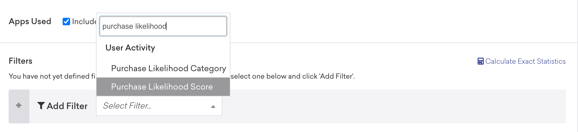 Churn filters available when defining an audience include Purchase Likelihood Category and Purchase Likelihood Score.