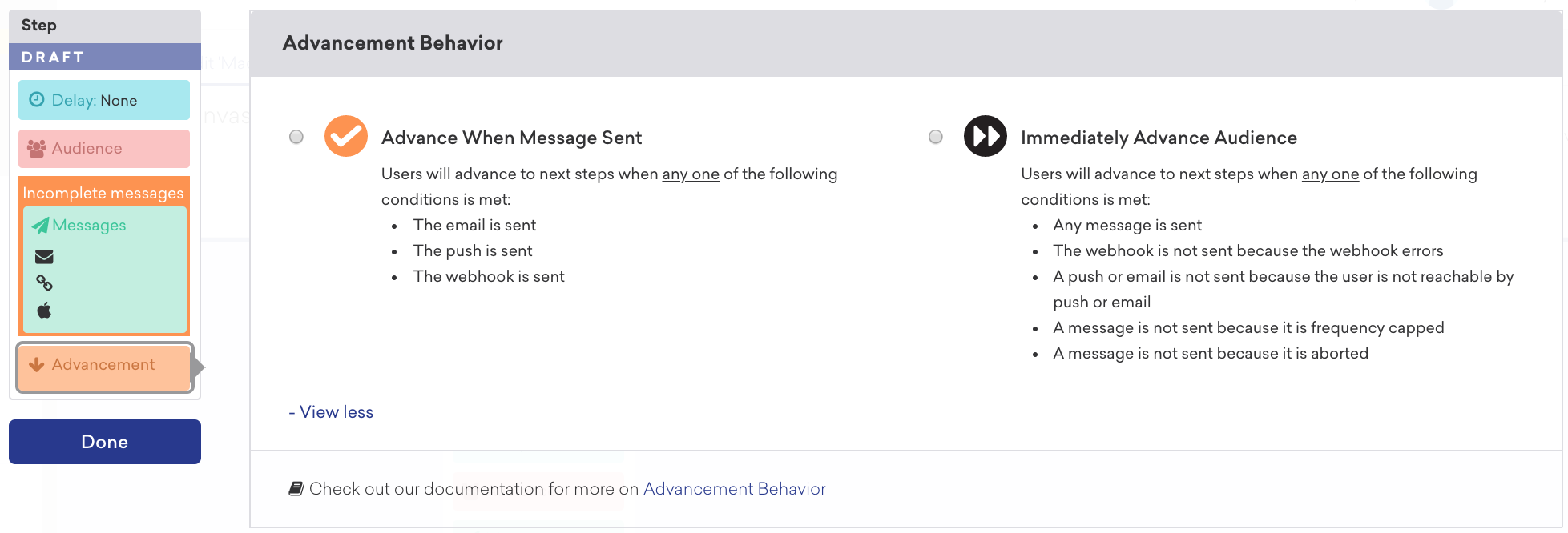 Advancement Behavior settings with two options to either advance the audience when the message is sent, or to immediately advance the audience.