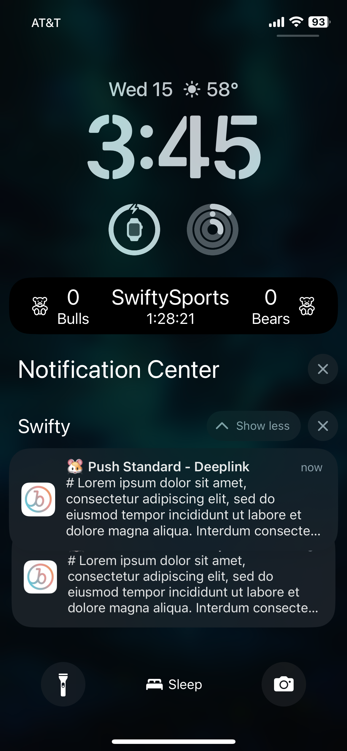 A phone screen with a Bulls vs Bears sports game live activity toward the middle of the screen and push notification lorem ipsum text at the bottom of the screen.
