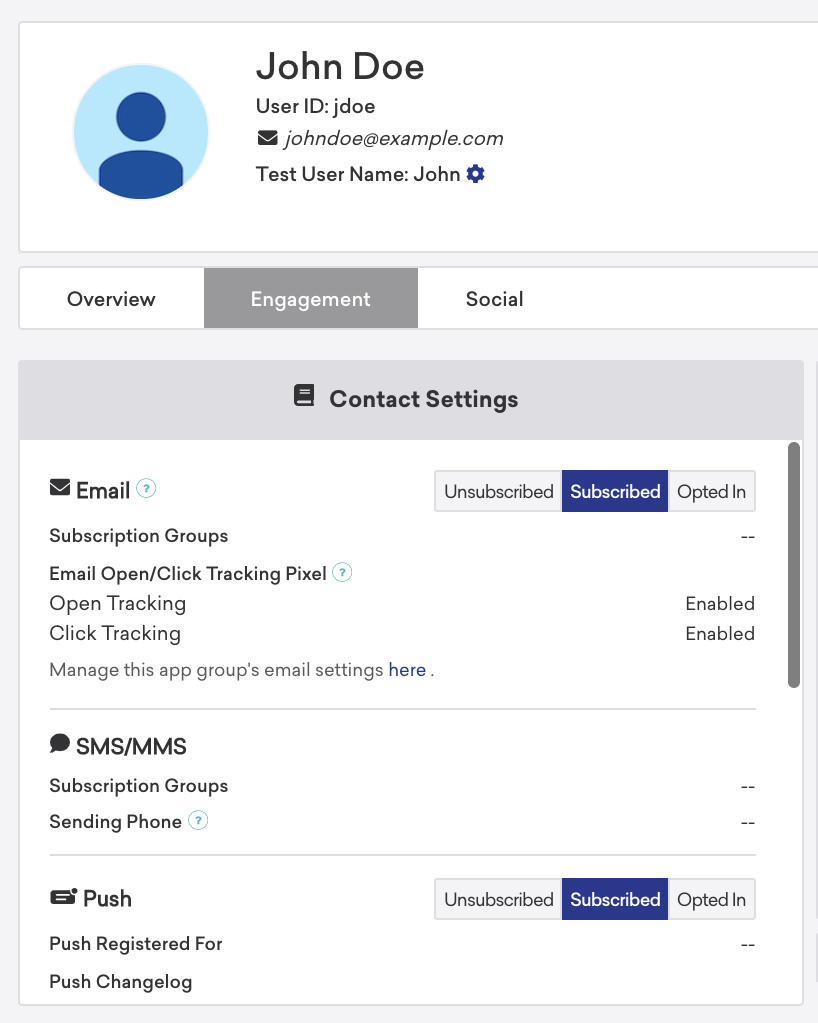 User profile for John Doe with their email subscription state set to Subscribed.