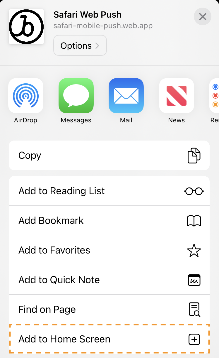 An iPhone showing options to bookmark a website and save to the home screen