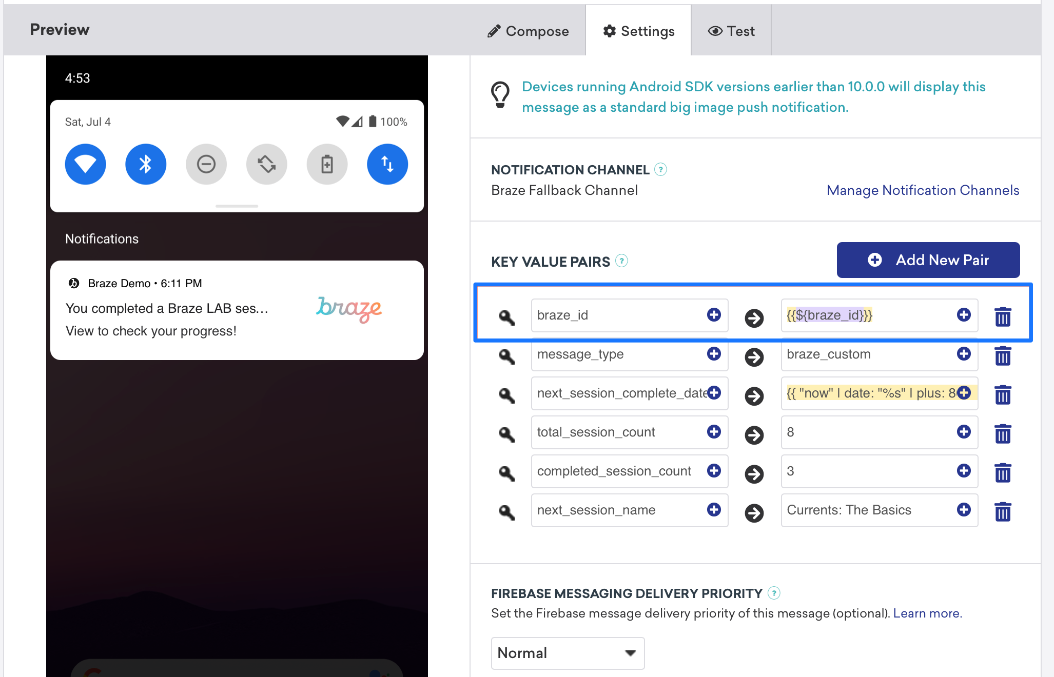 Personalized Push dashboard Example