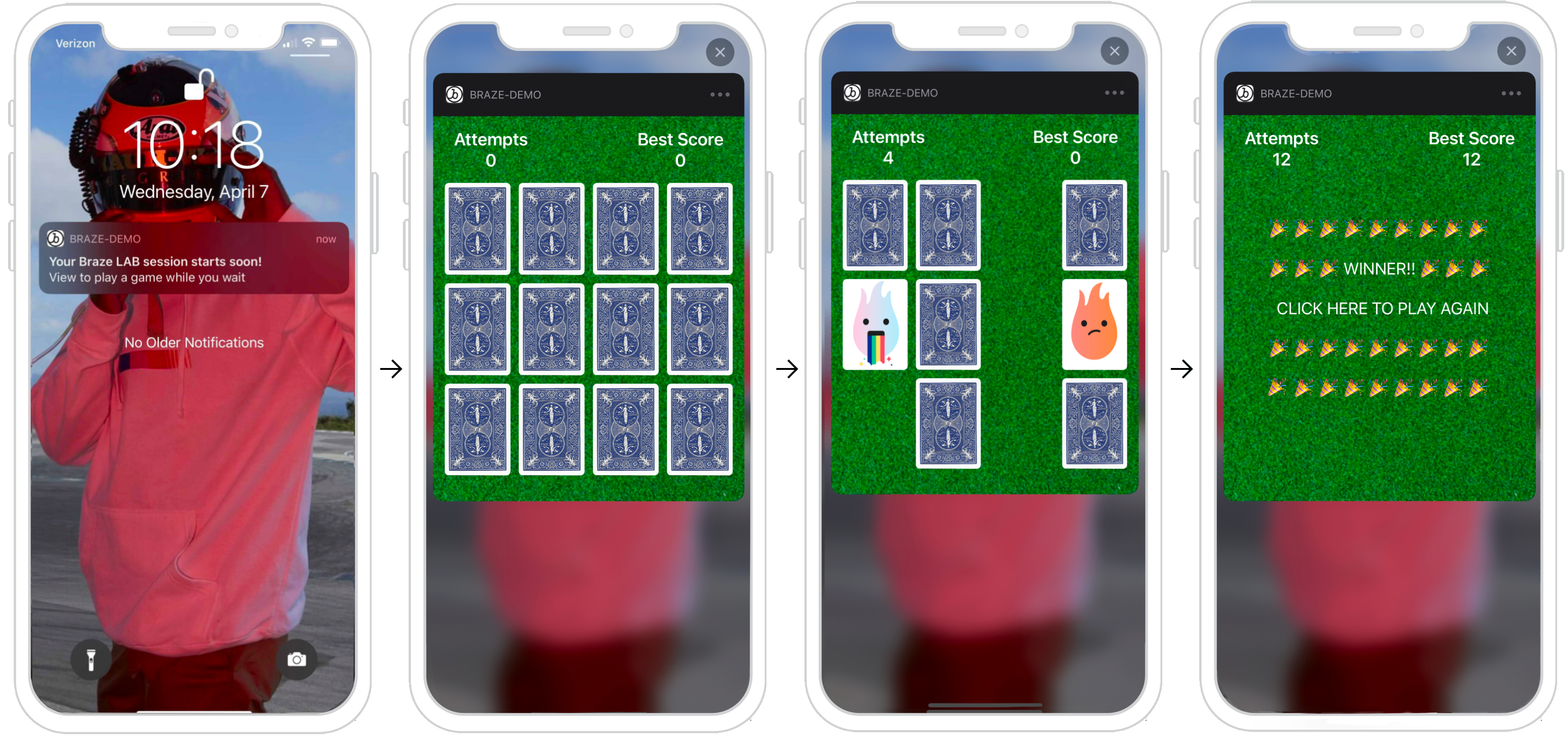 A diagram of what the phases of a interactive push notification could look like. The images show a user pressing into a push notification that displays an interactive matching game.