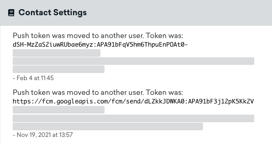 Push token changelog on the **Engagement** tab of a user's profile, which lists when the push token was moved to another user, and what the token was.
