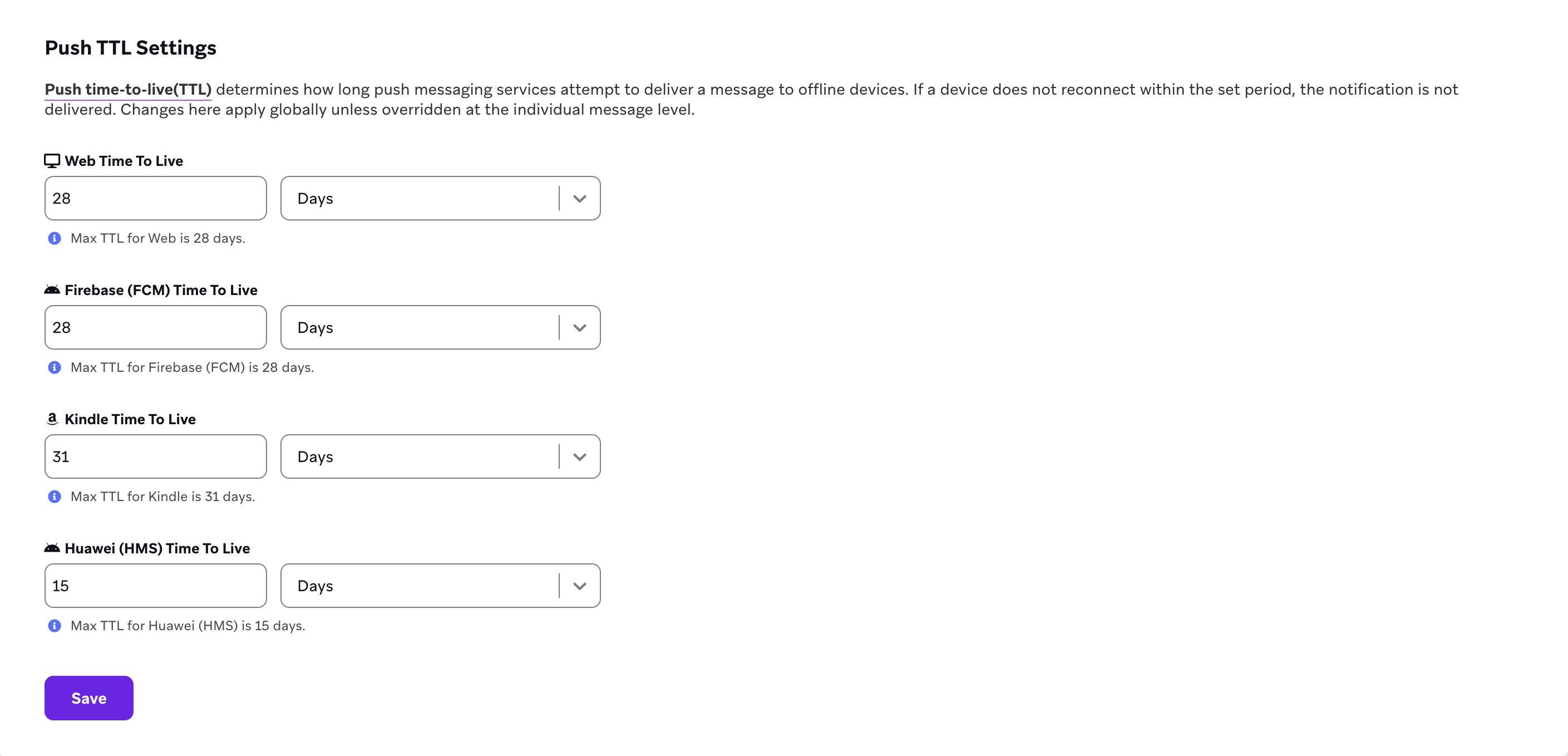 Push Time to Live Settings tab under Manage Settings