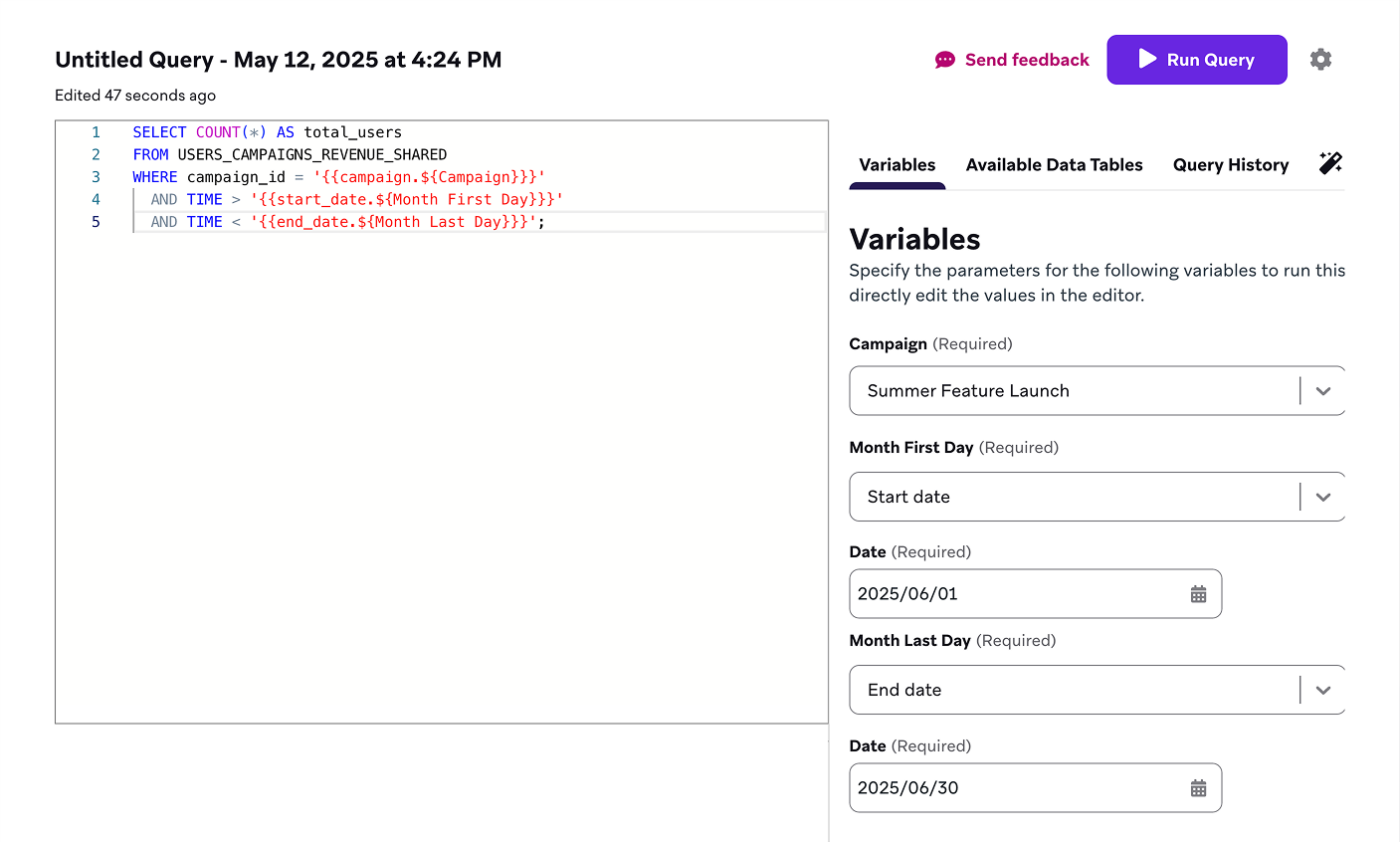 The "Variable" tab in the Query Builder showing the given example.