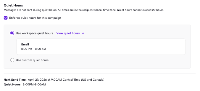 The Quiet Hours section of a campaign with Enforce quiet hours for this campaign selected, Use workspace quiet hours selected, and the Email workspace window of 8:00 PM to 8:00 AM expanded.