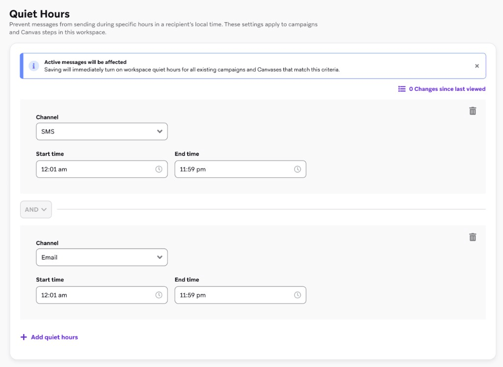 The Quiet Hours workspace settings page with SMS and Email quiet hours windows, each with a start time and end time, and an Add quiet hours option.