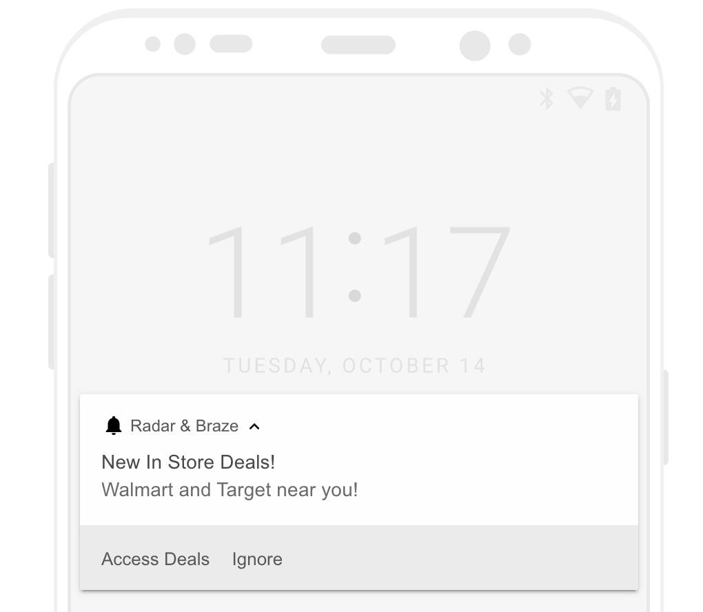 An Android image of a Connected Content push message that displays "New In Store Deals, Walmart and target near you".