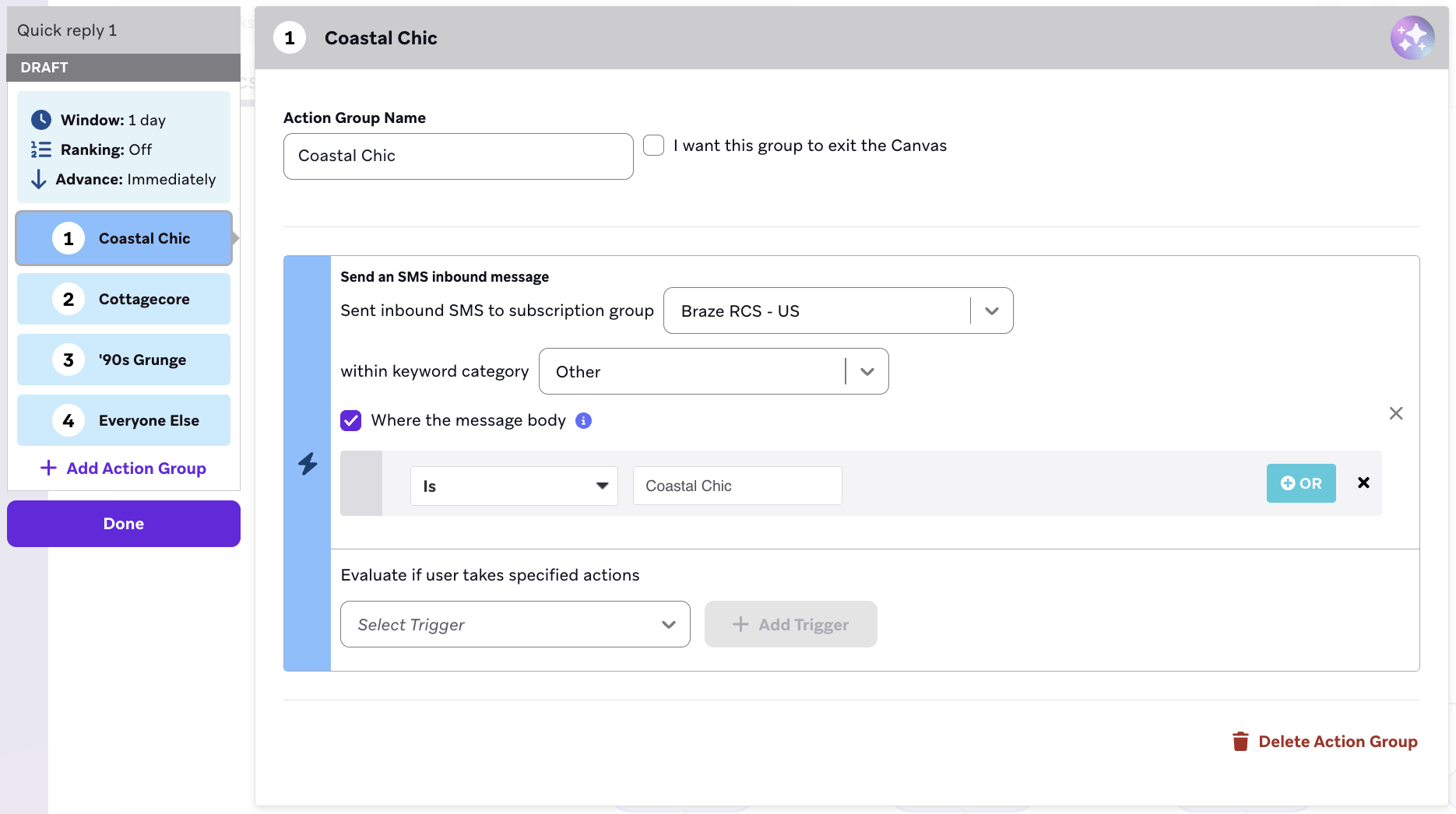Action Path step configured with three action groups, one for each suggested reply.