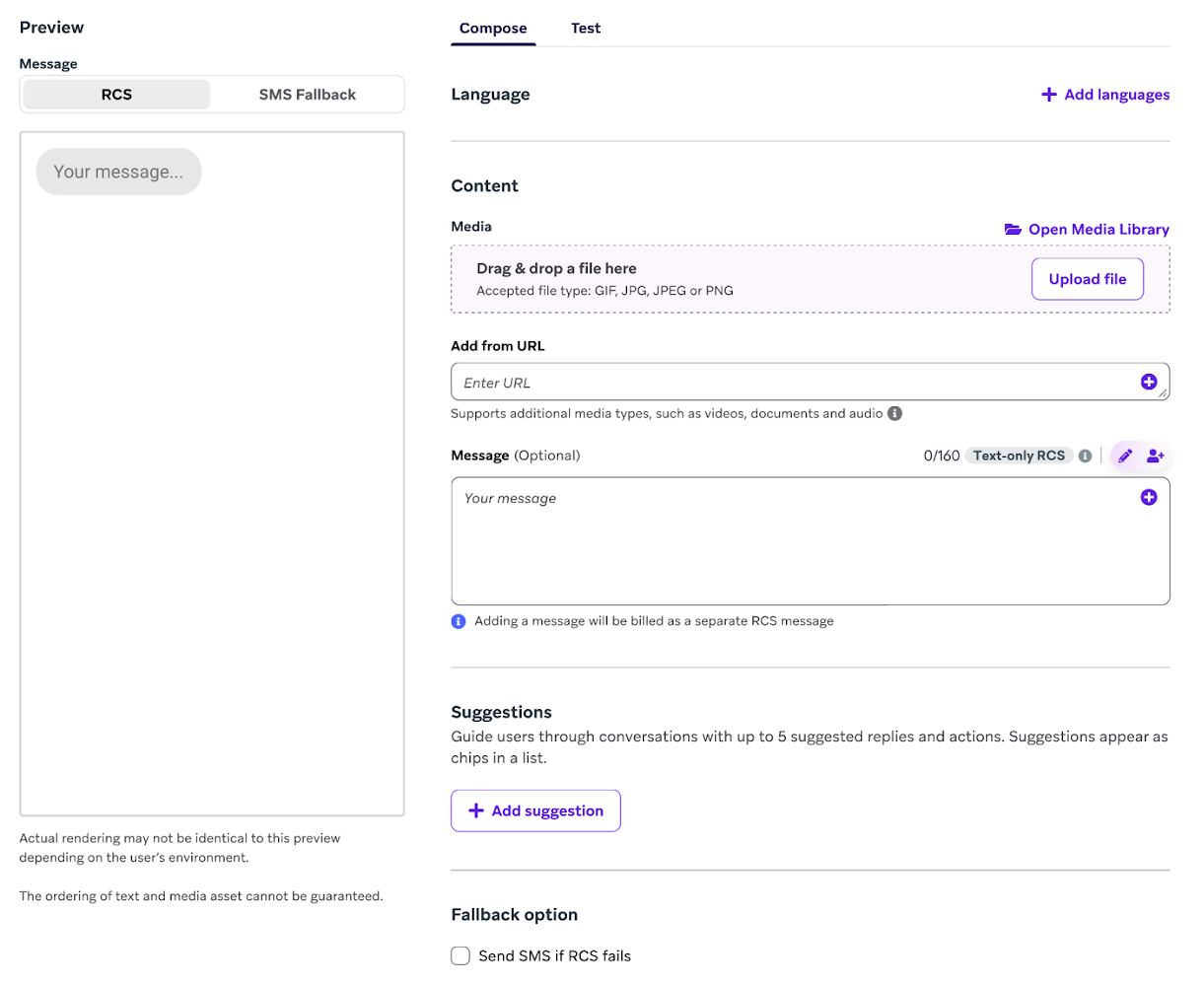 RCS composer with an option to upload a media file.