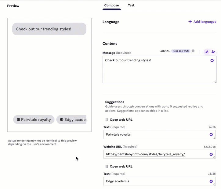 A GIF of three Suggested Actions for an RCS message promoting trending fashion styles: "Fairytale royalty", "Edgy academia", and "Show me your other styles".