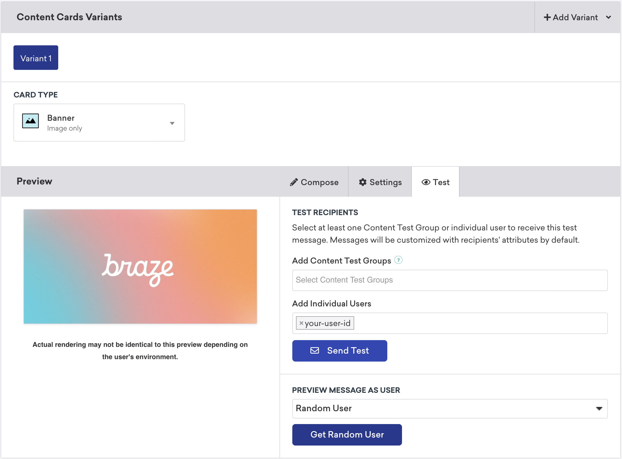 A Braze Content Card campaign showing you can add your own user ID as a test recipient to test your Content Card.