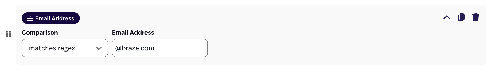 Filter for an email address that matches regex of "@braze.com".