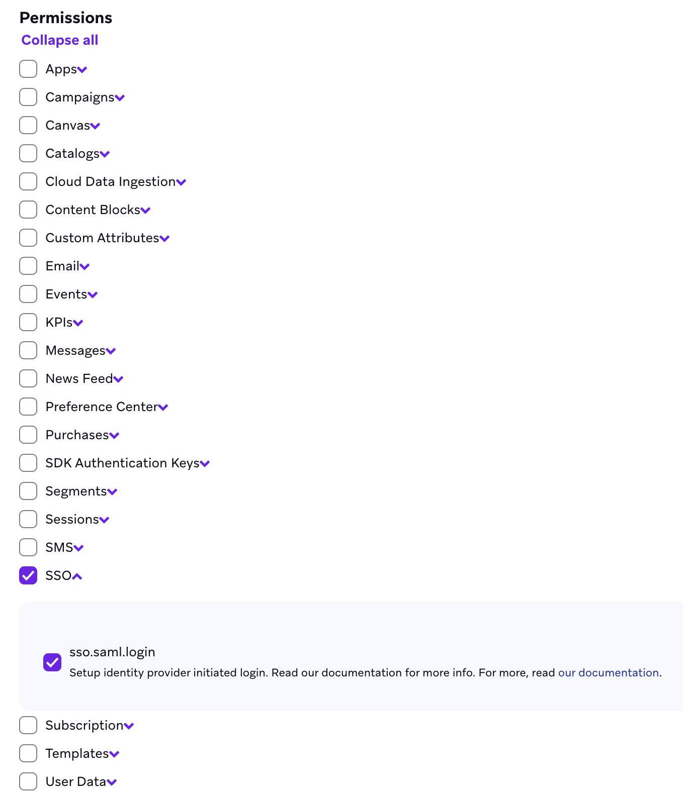 The "Permissions" section with sso.saml.login checked.