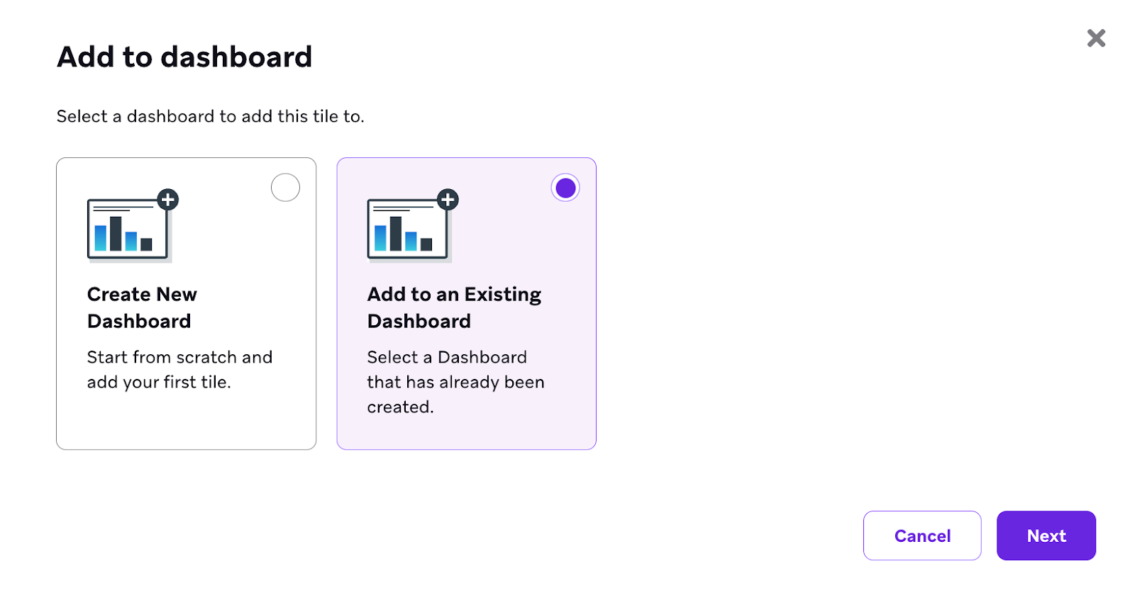 Window with options to select if you want to add the report to a new or existing dashboard.