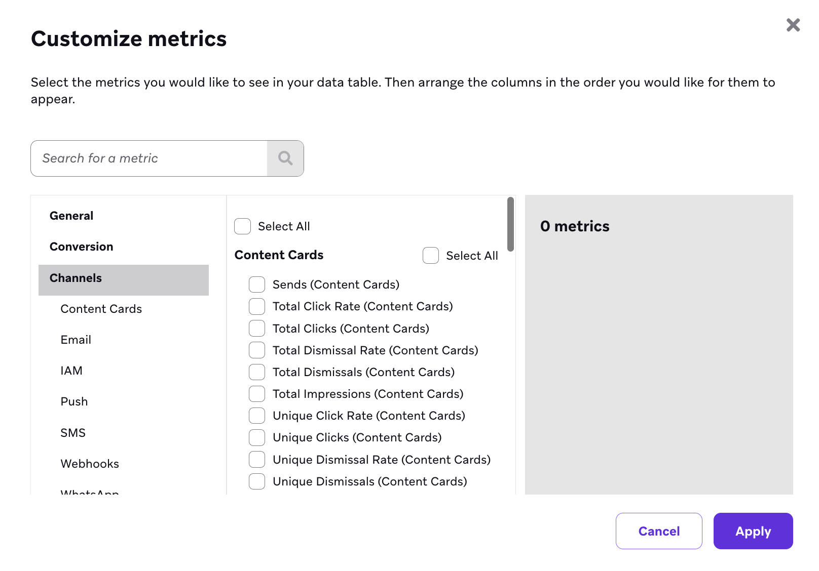 The "Customize Metrics" section with options to select multiple metrics.