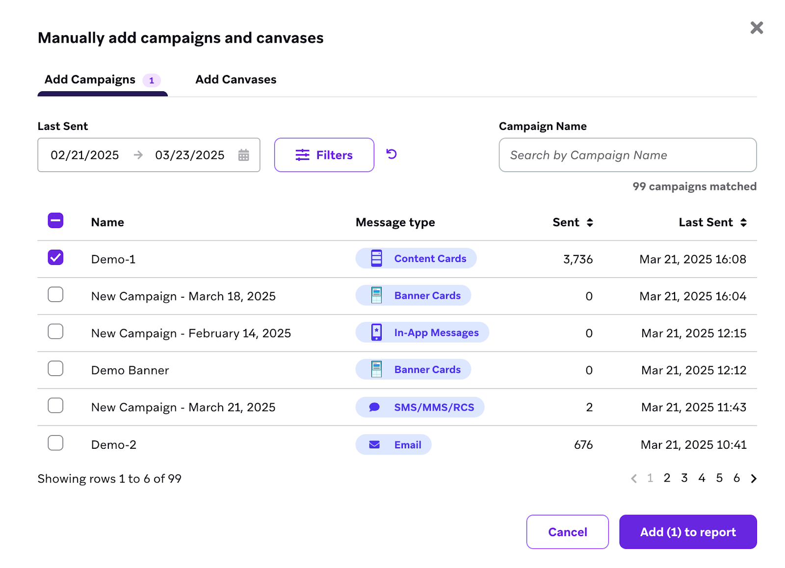 The "Manually add campaigns and canvases" section with a list of campaigns to select.