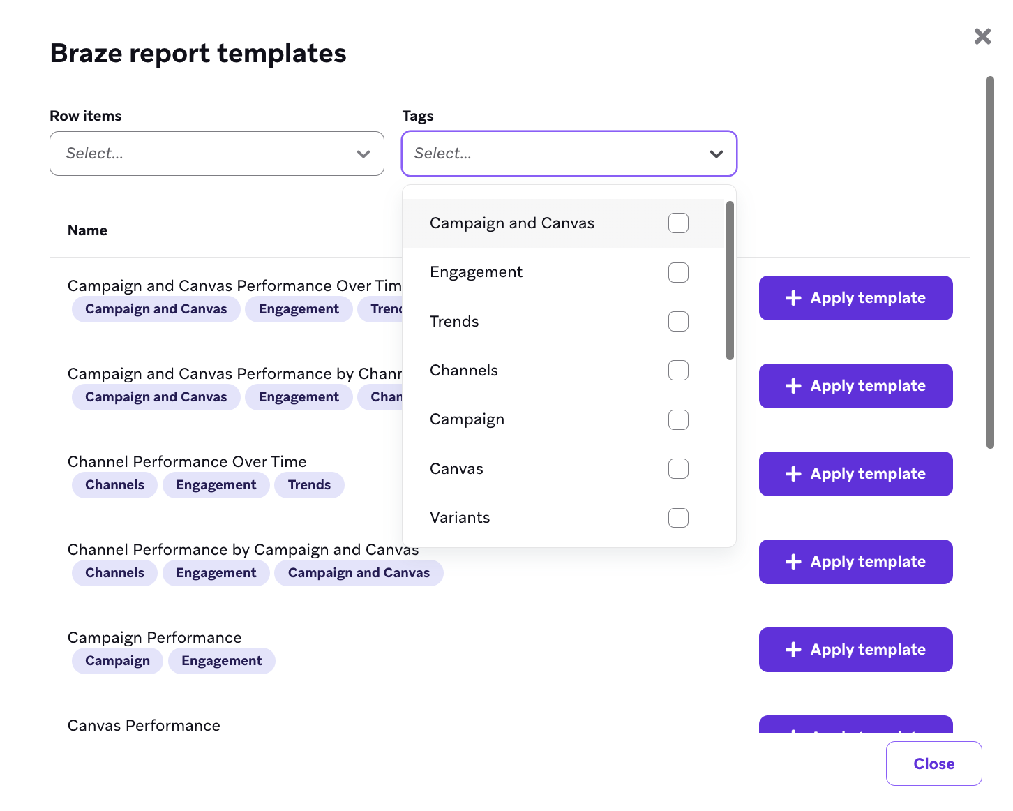 "Braze report templates" window with list of Braze templates to select from.
