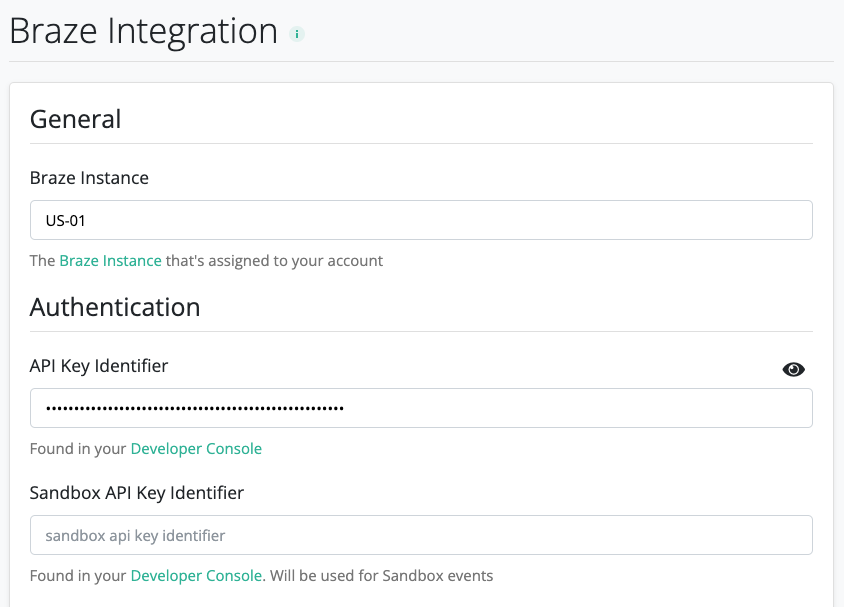 Braze settings in RevenueCat with fields for Braze instance, API key identifier, and sandbox identifier.