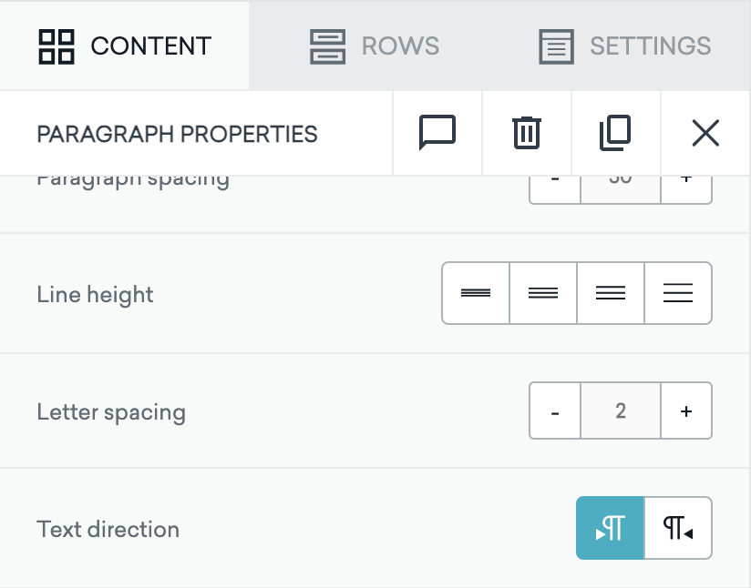 Email drag-and-drop editor menu with button to toggle text alignment between right-to-left and left-to-right.