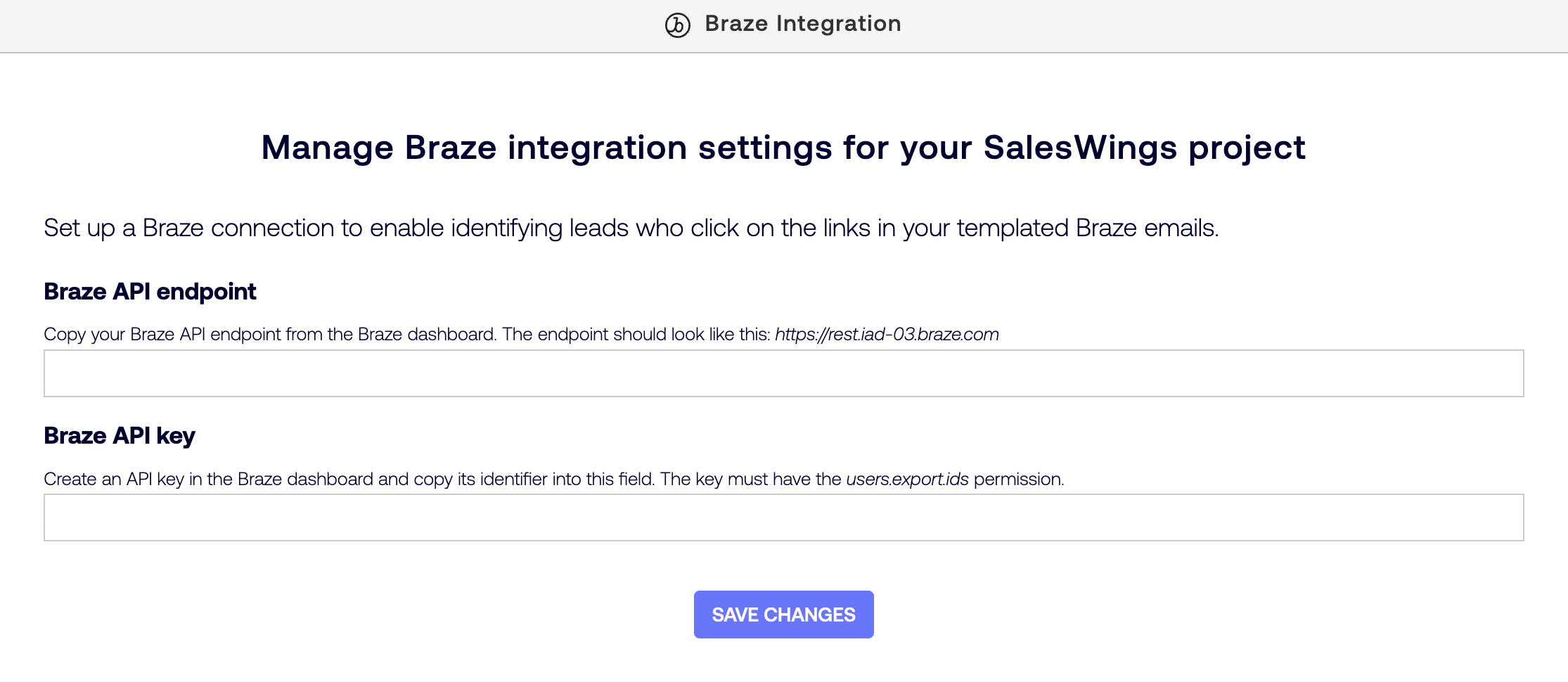 The Braze Integration section of the SalesWings Settings page.