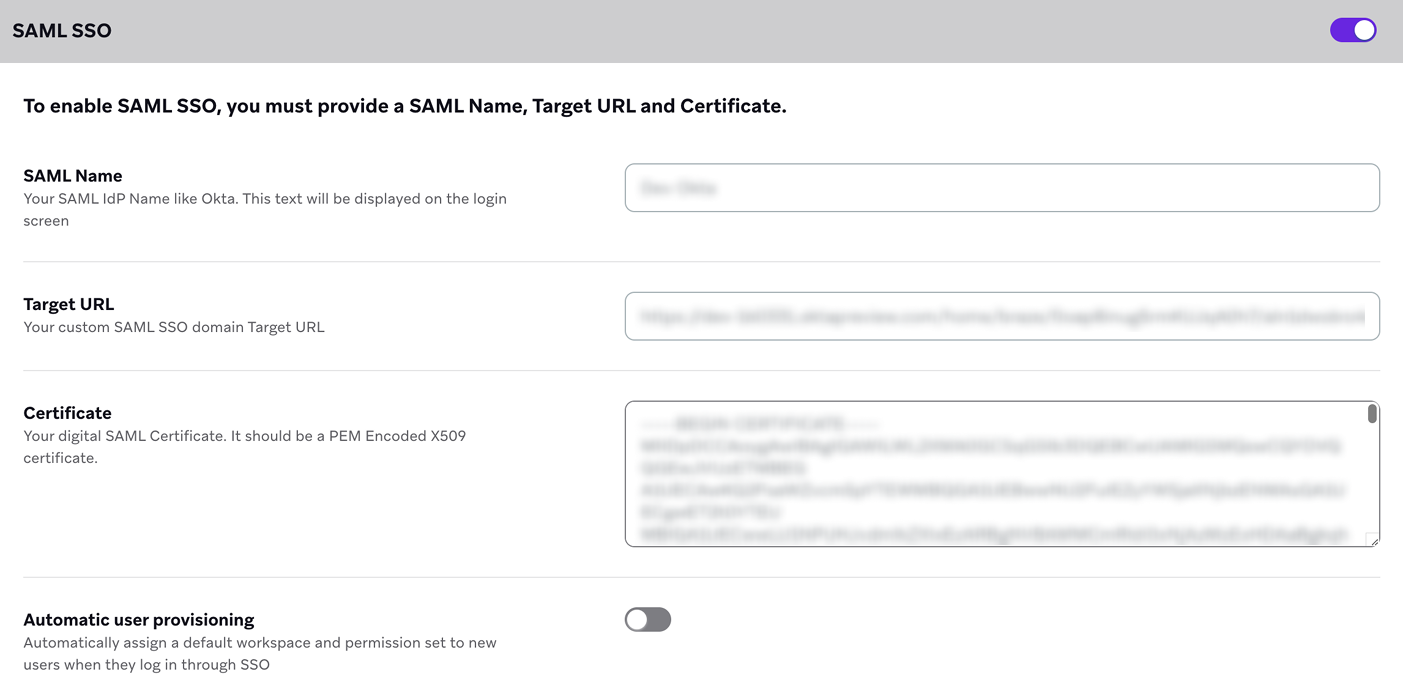 SAML SSO settings with the toggle selected.