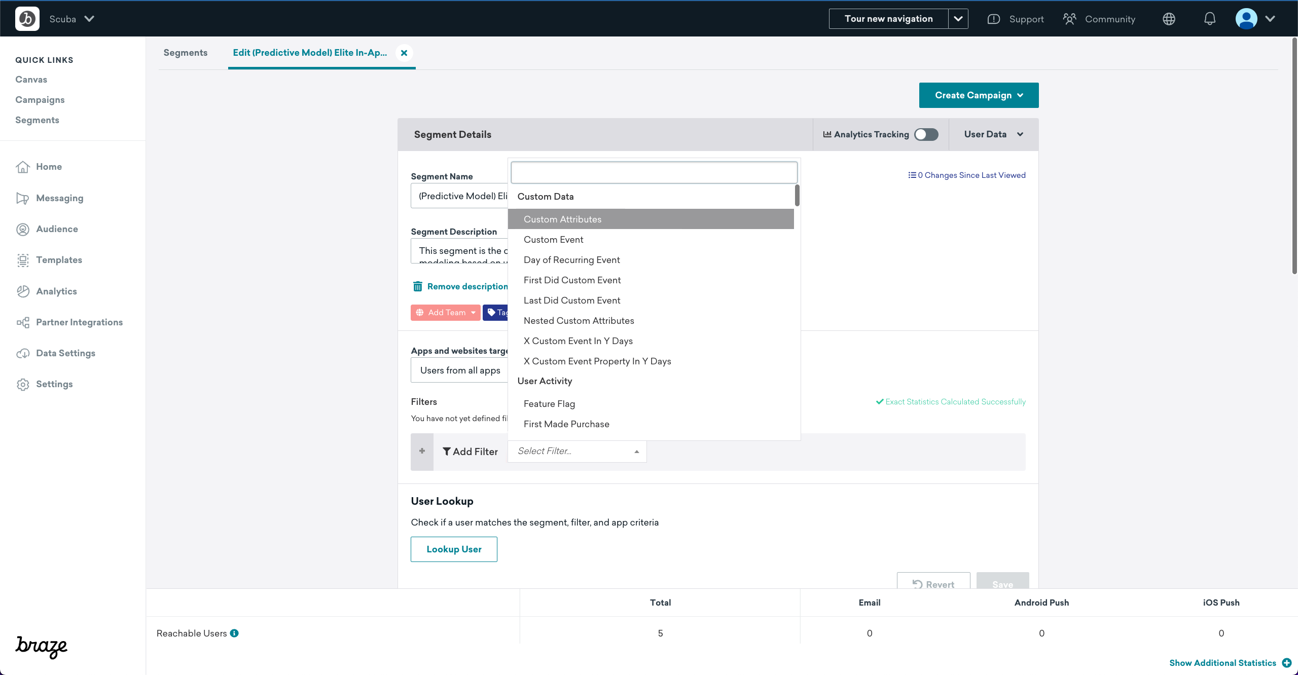 Selecting the 'Custom Attribute' filter under 'Segment Details'.