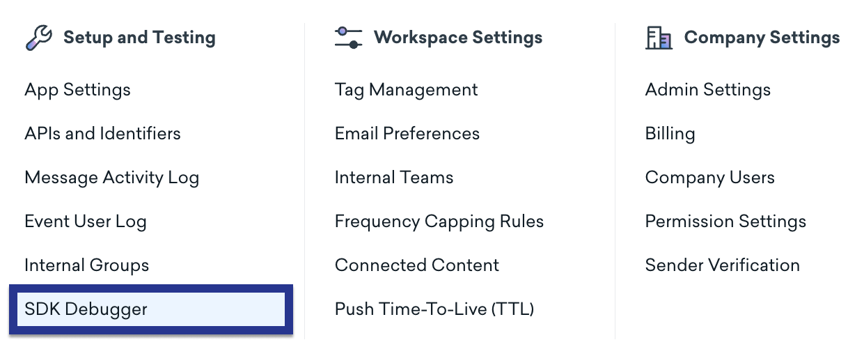 The "Setup and Testing" section with "SDK Debugger" highlighted.