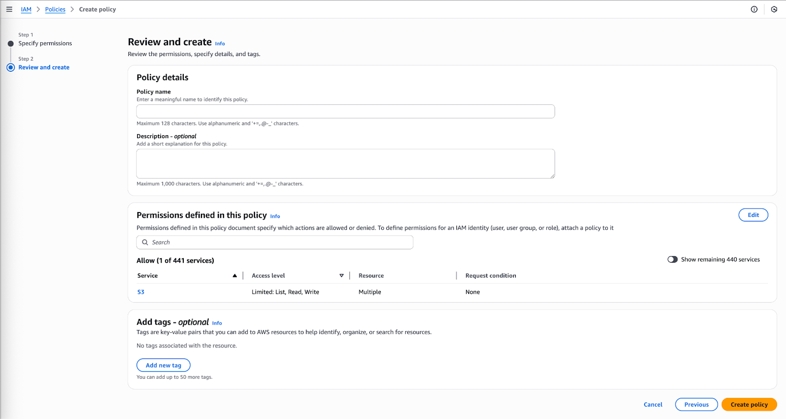 A page to review and create your policy.