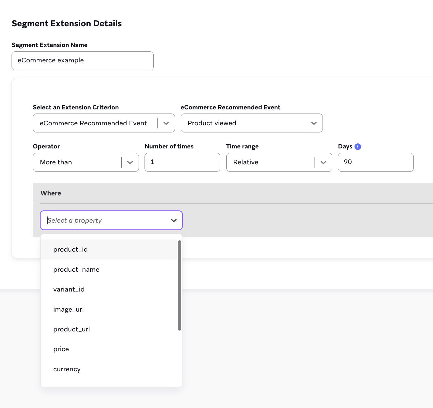 Segment Extension details with a dropdown of available properties.