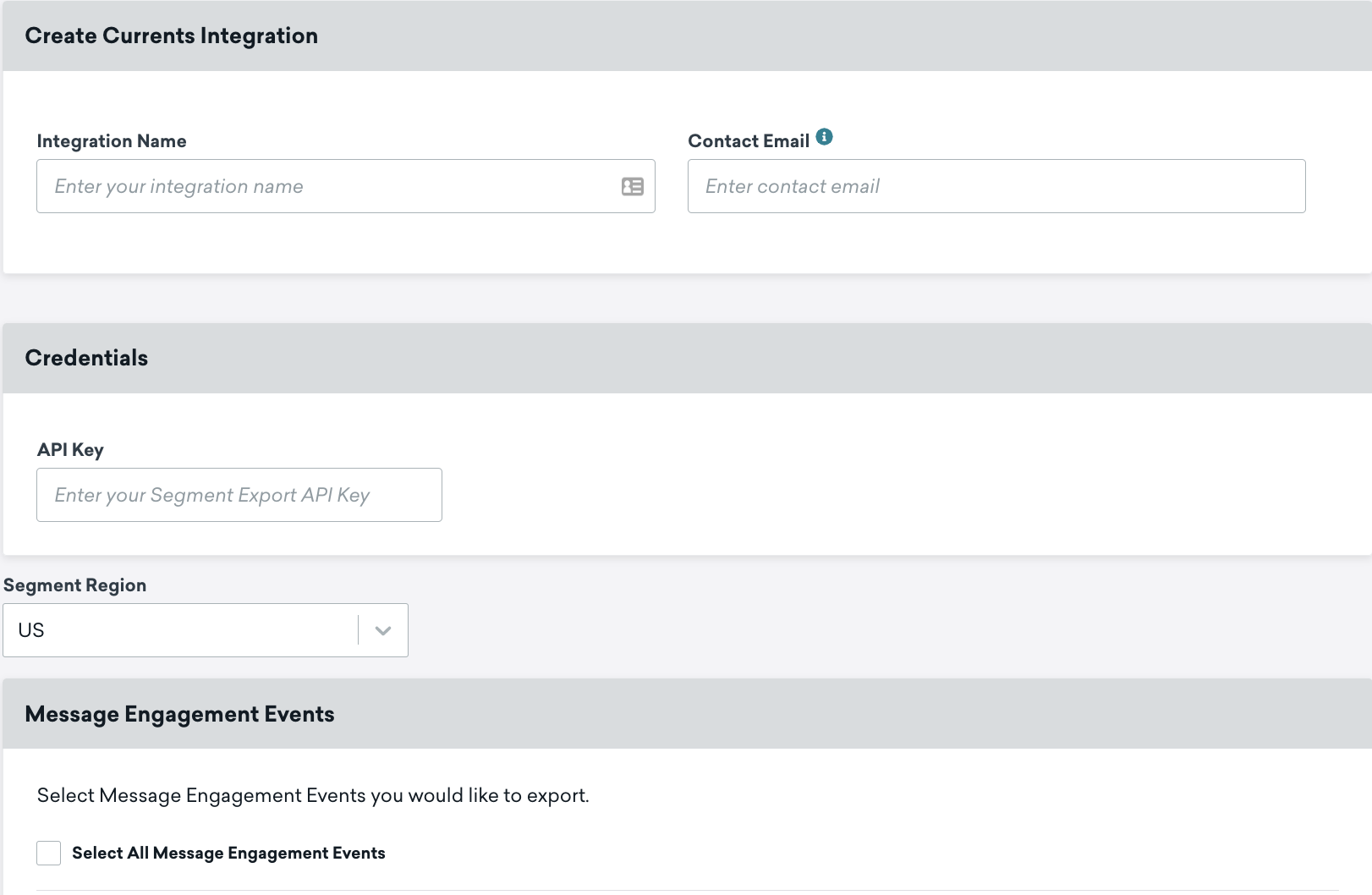 The Segment Currents page in Braze. Here, you can find fields for integration name, contact email, segment region, and API key.