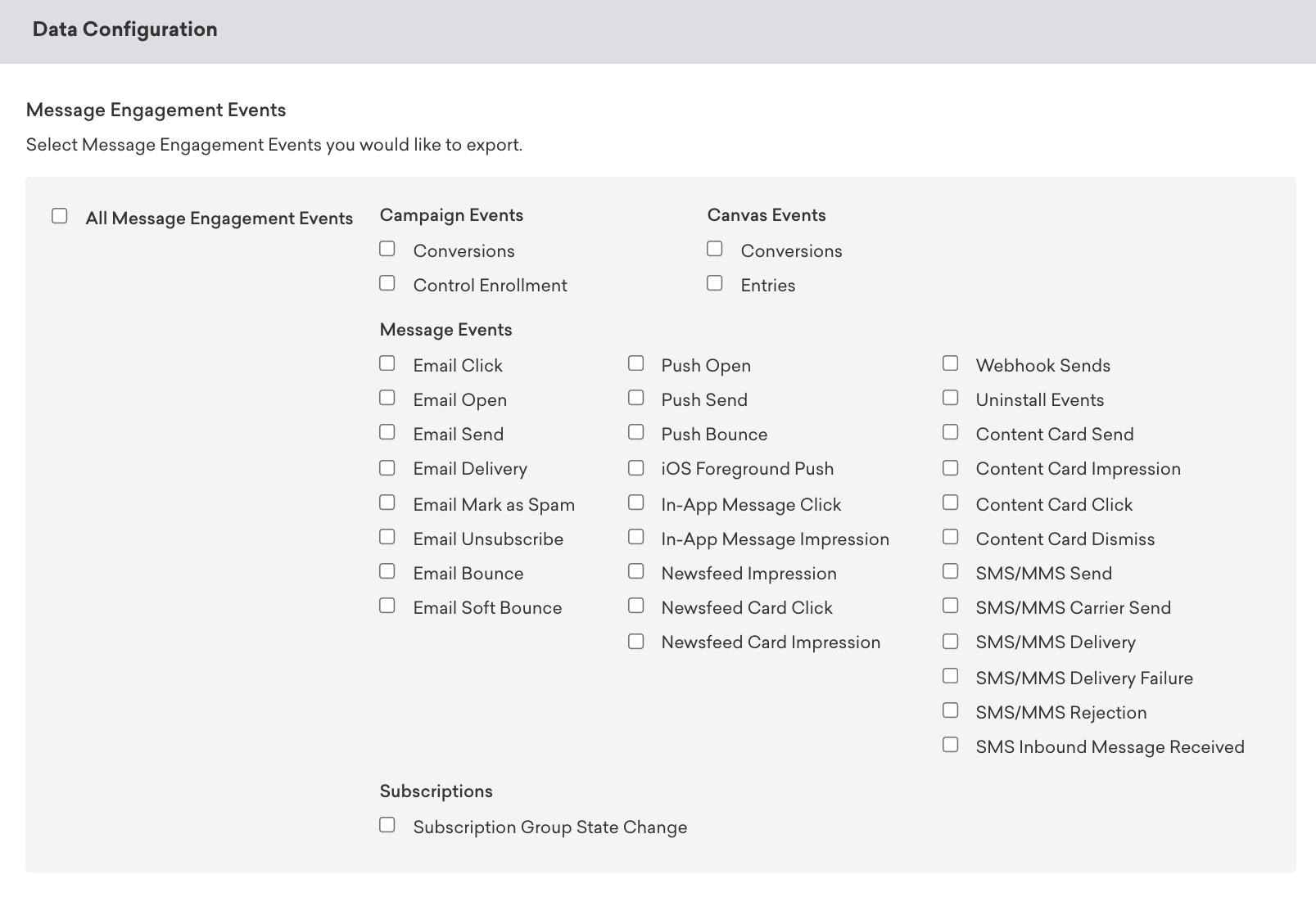 List of all available message engagement events on the Segment.io Currents page in Braze.