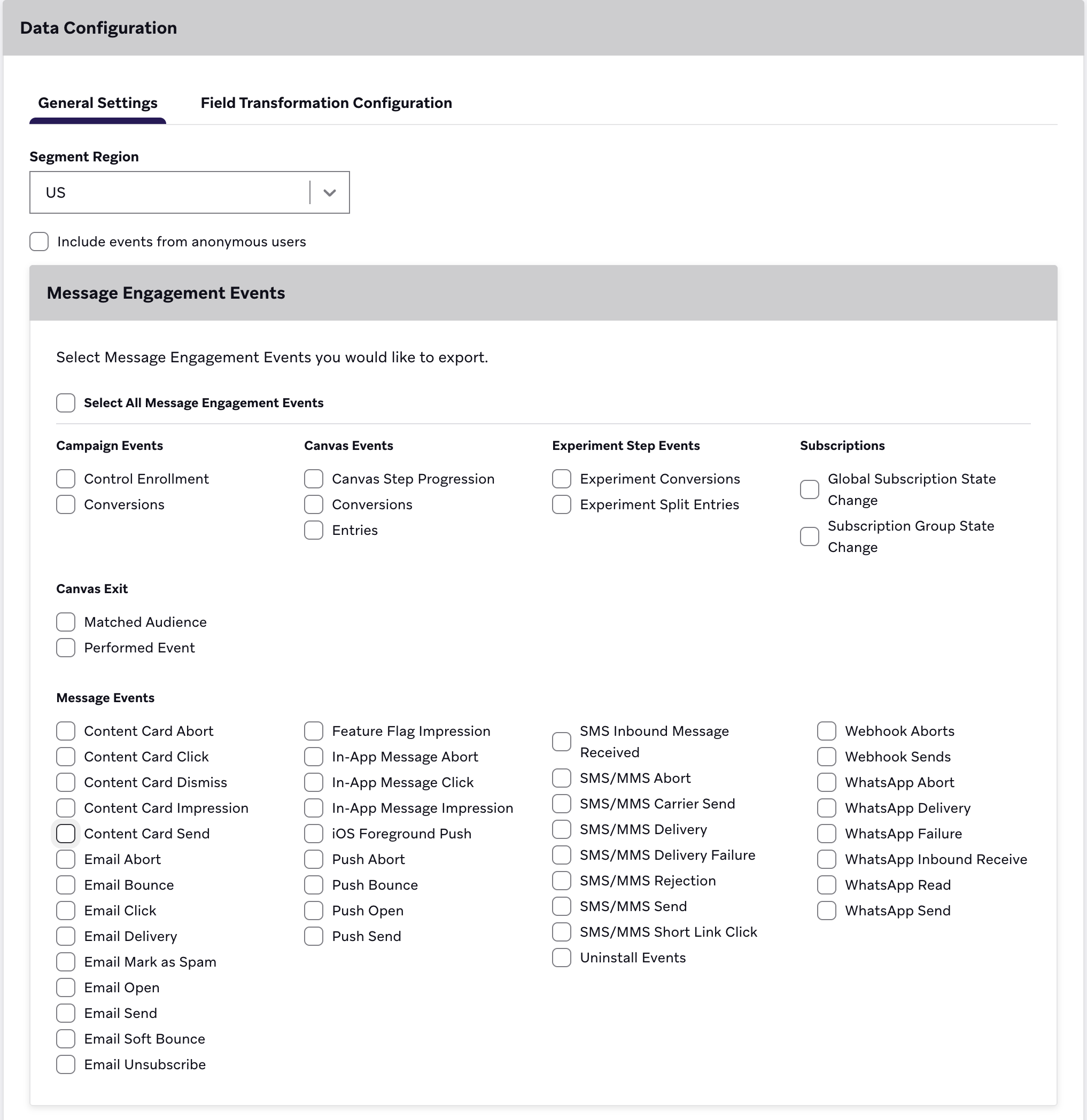 List of all available message engagement events on the Segment Currents page in Braze.
