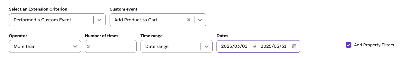 Segmentation criteria for users who performed a custom event more than 2 times in the date range of March 1st, 2025 through March 31st, 2025.