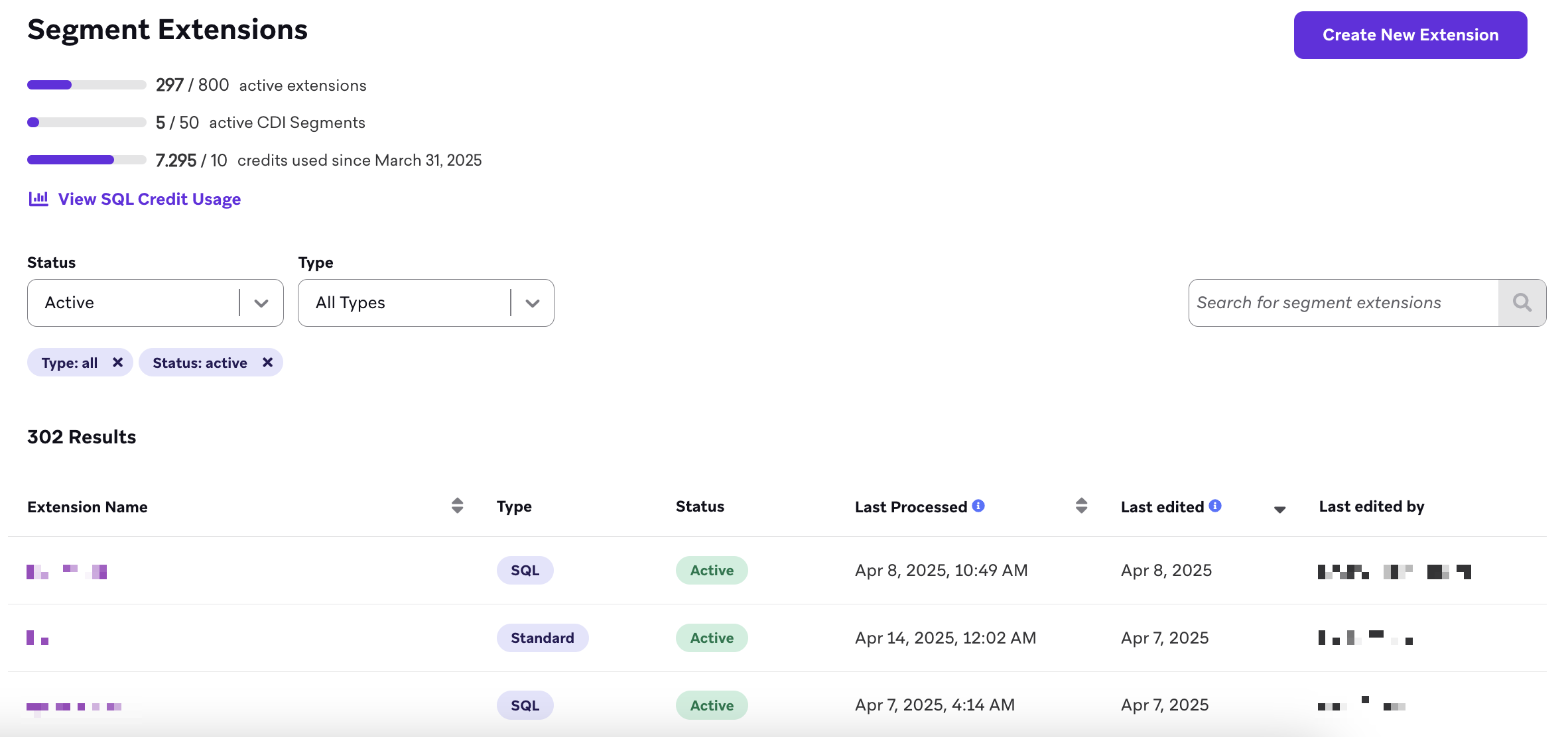 "Segment Extensions" page with two active extensions.