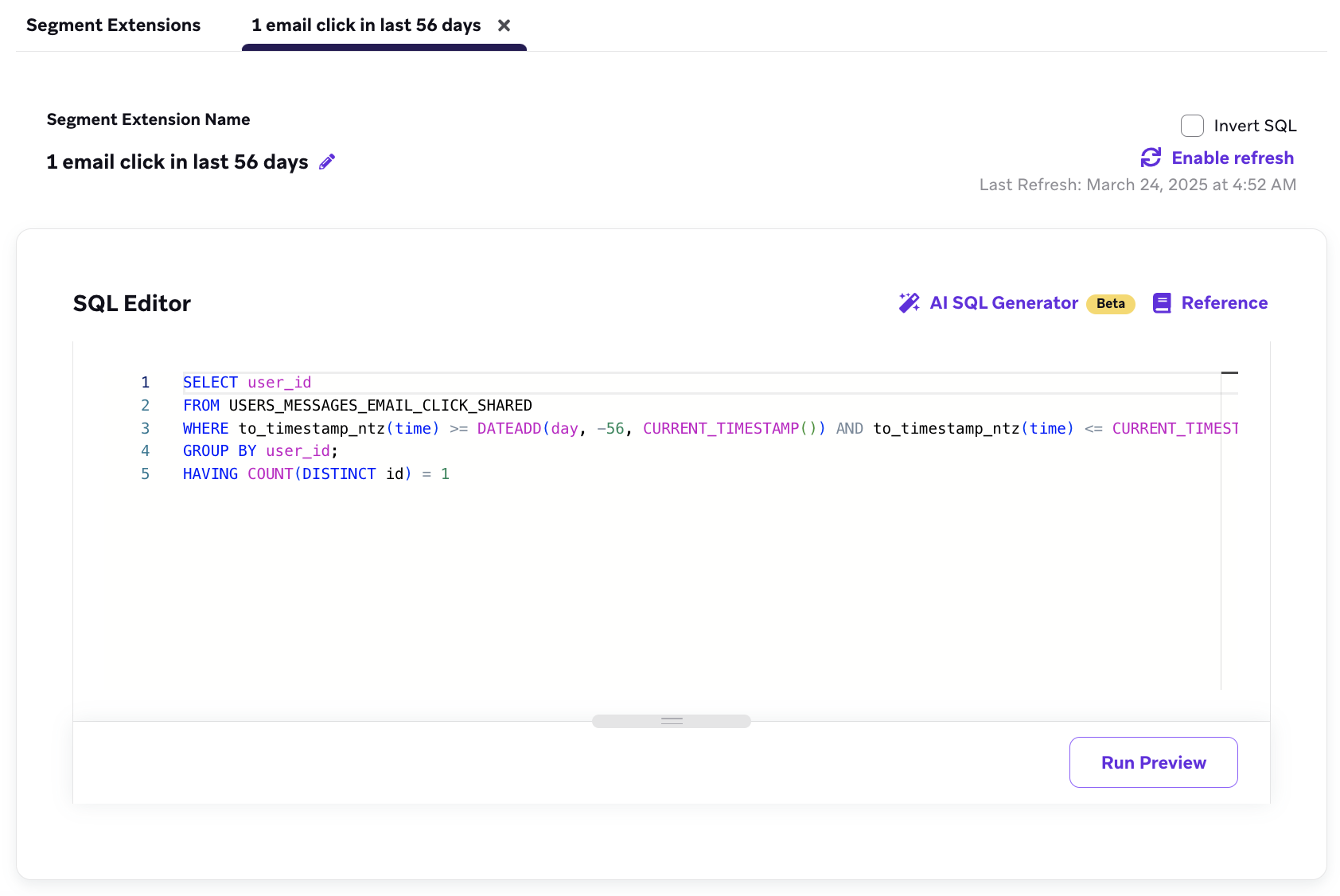 Extension for "1 email click in the last 56 days".