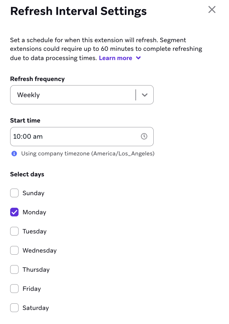 Refresh Interval Settings with a weekly refresh frequency, start time of 10 am, and Monday selected as a day.