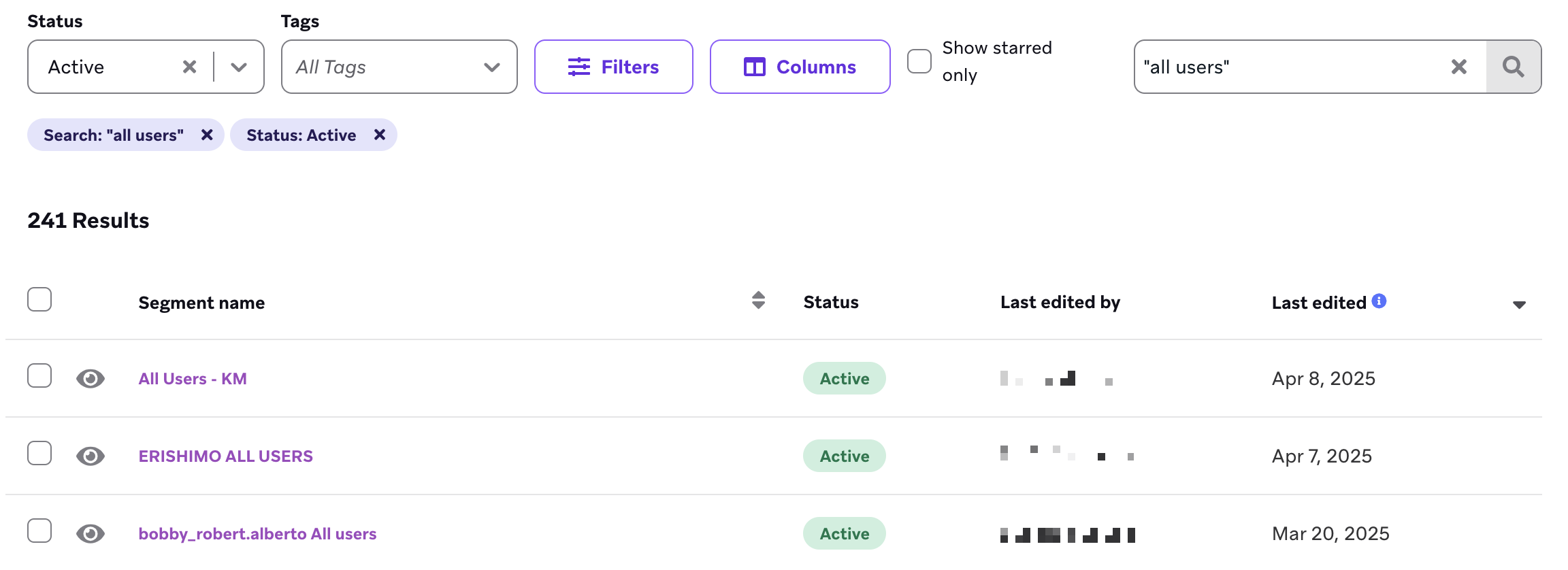 The search results for entering "all users" into the search field include "All Users (Test)", "All Users", "All Users 15".