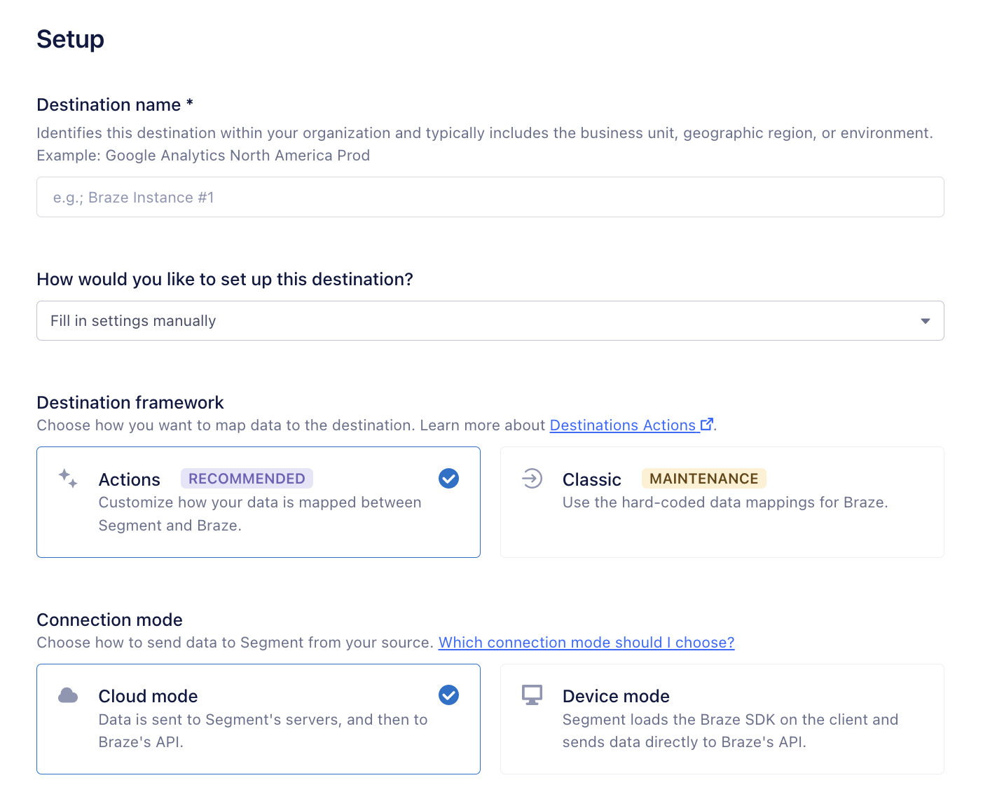 The source setup page. This page includes settings to set the destination framework as either "actions" or "classic" and set the connection mode as either "cloud mode" or "device mode".